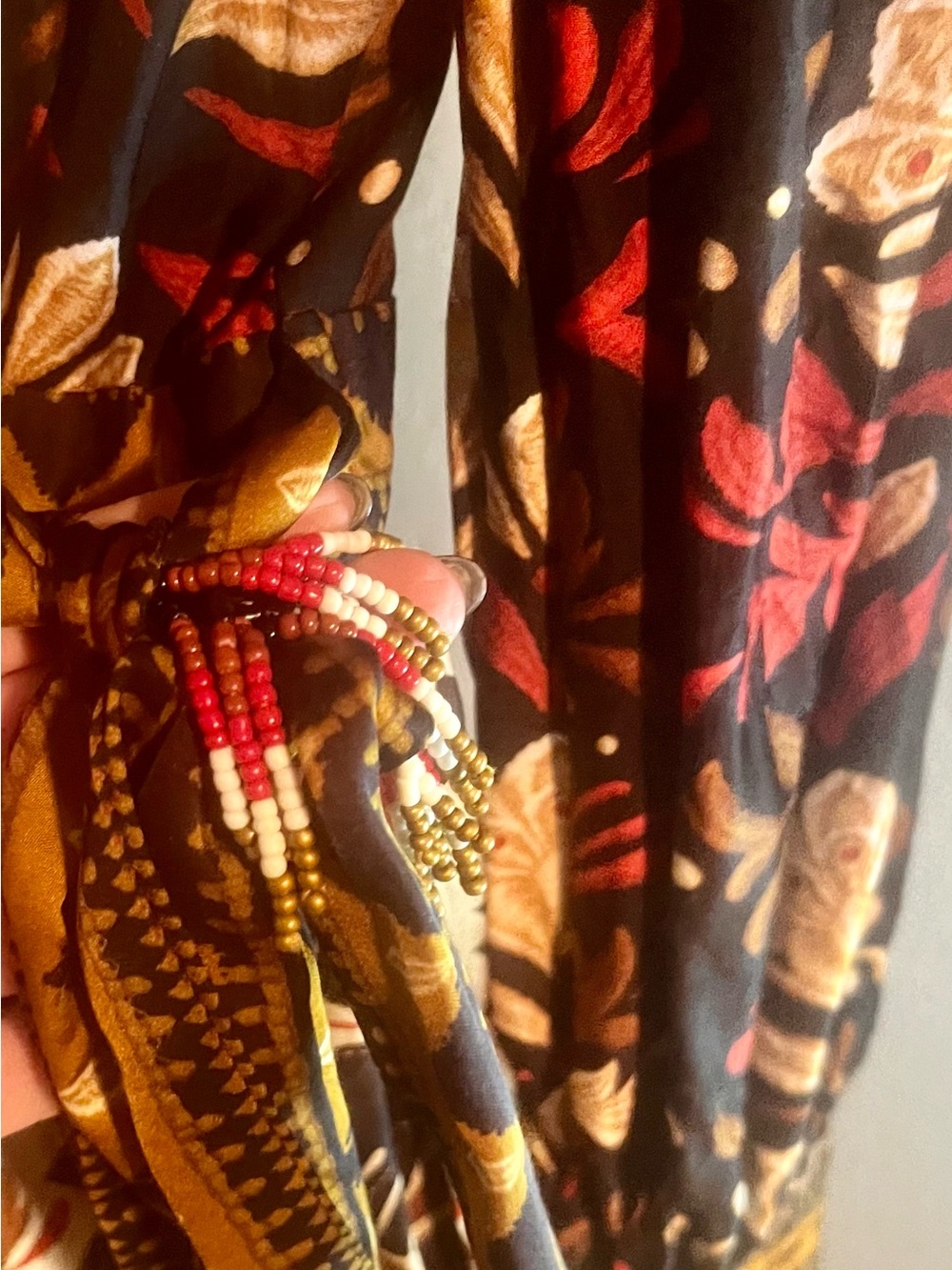 FARM Rio Tapestry Garden Black Floral Wrap Mini Dress with Red & Cream Accents - Picture 3 of 4